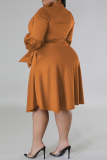 Elegant Solid Color Patchwork Strap Design Bow Knot Collar Long Lantern Sleeve A Line Plus Size Midi Churh Dresses