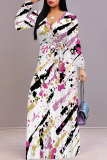 Casual Elegant Geometric Print Lace Up Belted Contrast Long Sleeve V Neck Swing Maxi Dresses