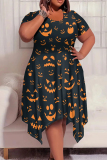 Halloween Casual Elegant Print Patchwork Round Neck Short Sleeve Irregular Hem Plus Size Midi Dresses