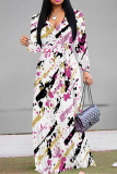 Casual Elegant Geometric Print Lace Up Belted Contrast Long Sleeve V Neck Swing Maxi Dresses