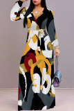 Casual Elegant Geometric Print Lace Up Belted Contrast Long Sleeve V Neck Swing Maxi Dresses