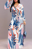 Casual Elegant Geometric Print Lace Up Belted Contrast Long Sleeve V Neck Swing Maxi Dresses