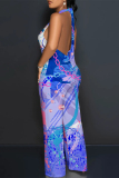 Casual Gradient Chain print Lace Up Backless Contrast Halter Loose Straight Leg Jumpsuits