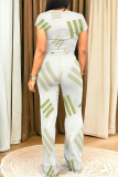 Casual Geometric Print Pocket Contrast O Neck Short Sleeve Tops and Straight Pants Matching Sets Two Pieces