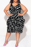 Casual Geometric Print Camouflage Print Contrast V Neck Sleeveless Lantern Skirt Plus Size Midi Dresses
