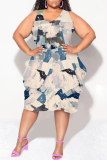 Casual Geometric Print Camouflage Print Contrast V Neck Sleeveless Lantern Skirt Plus Size Midi Dresses