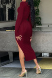 Formal O Neck Long Sleeve Slit Party Evening Bodycon Maxi Dress