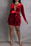Black Deep V Neck Long Sleeves Lace Up Waist Bodycon Night Out Birthday Party Velvet Mini Dress