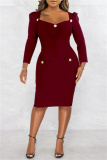 Formal Square Neck Long Sleeve Slit Office Lady Evening Party Bodycon Midi Dresses