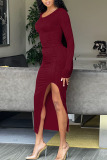 Formal O Neck Long Sleeve Slit Party Evening Bodycon Maxi Dress