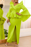 Formal V Neck Flare Sleeve Slit Ruffle Trim Long Office Lady Evening Party Wedding Bodycon Maxi Dress
