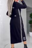 Formal Turndown Collar Long Sleeve Slit Pocket Buttons Office Lady Maxi Dresses