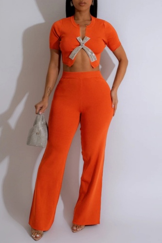 Casual V Neck Short Sleeve Crop Tops And Wide Leg Pants Formal Office Lady Two Pieces Trouser Sets