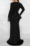 Hot Drill V Neck Long Sleeve Feather Tops And Mermaid Hem Maxi Skirt Formal Evening Party Wedding Two Pieces Dress Sets