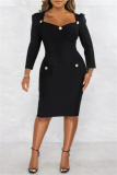 Formal Square Neck Long Sleeve Slit Office Lady Evening Party Bodycon Midi Dresses