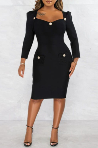 Formal Square Neck Long Sleeve Slit Office Lady Evening Party Bodycon Midi Dresses