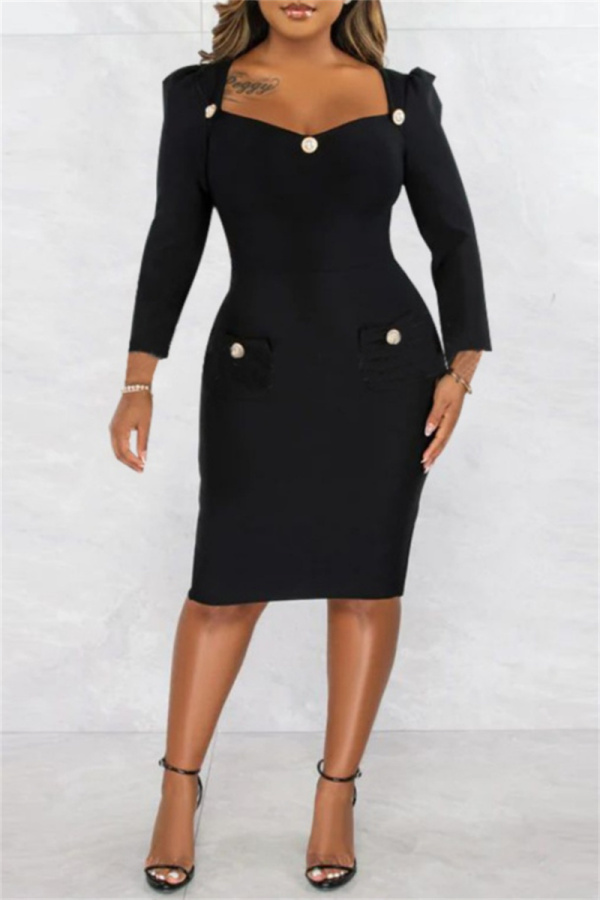 Formal Square Neck Long Sleeve Slit Office Lady Evening Party Bodycon Midi Dresses