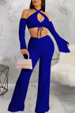 Formal Backless Halter Long Sleeve Draw String Lace Up Crop Tops And Flare Leg Pants Office Lady Two Pieces Trouser Sets