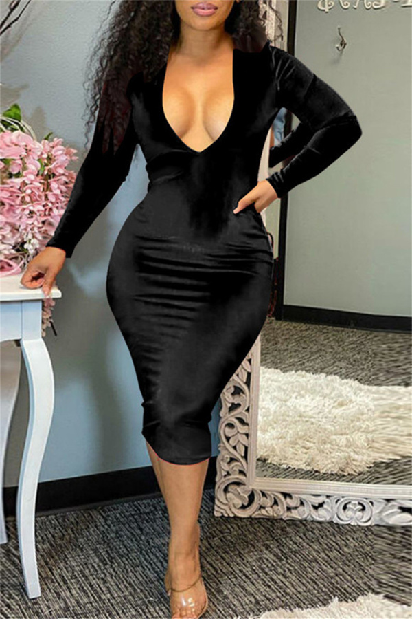 Formal V Neck Long Sleeve Evening Party Bodycon Velvet Midi Dress