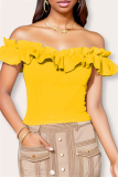 Casual Ruffle Trim Off Shoulder Slim Fitted Tops