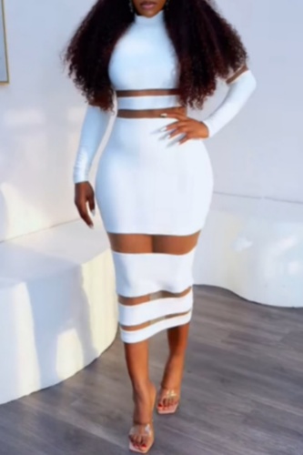 Formal Half A Turtleneck Long Sleeve See-Through Evening Party Bodycon Maxi Dress
