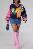 Casual Letter Print Patchwork V Neck Long Sleeve Sweatshirt