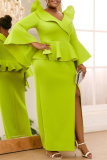 Formal V Neck Flare Sleeve Slit Ruffle Trim Long Office Lady Evening Party Wedding Bodycon Maxi Dress