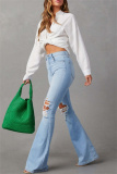 Casual High Waist Distressed Ripped Flare Leg Denim Jeans