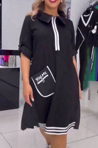 Casual Striped Print Pocket Turndown Collar Short Sleeve A Line Midi T-shirt Dresses