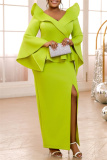 Formal V Neck Flare Sleeve Slit Ruffle Trim Long Office Lady Evening Party Wedding Bodycon Maxi Dress