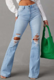 Casual High Waist Distressed Ripped Flare Leg Denim Jeans