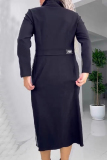 Formal Turndown Collar Long Sleeve Slit Pocket Buttons Office Lady Maxi Dresses