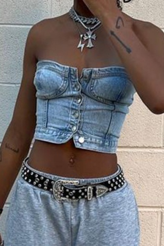 Casual Backless Strapless Sleeveless Buckle Skinny Denim Tube Tops
