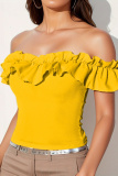 Casual Ruffle Trim Off Shoulder Slim Fitted Tops
