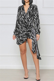Casual Graphics Print V Neck Long Sleeve Side Knotted Belted Vacation Mini Shirt Dresses