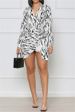 Casual Graphics Print V Neck Long Sleeve Side Knotted Belted Vacation Mini Shirt Dresses