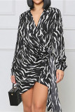 Casual Graphics Print V Neck Long Sleeve Side Knotted Belted Vacation Mini Shirt Dresses