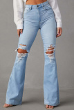 Casual High Waist Distressed Ripped Flare Leg Denim Jeans