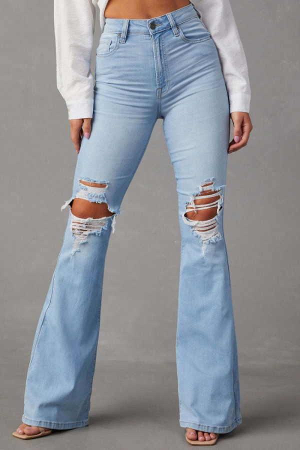 Casual High Waist Distressed Ripped Flare Leg Denim Jeans