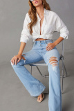Casual High Waist Distressed Ripped Flare Leg Denim Jeans