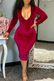 Formal V Neck Long Sleeve Evening Party Bodycon Velvet Midi Dress