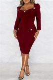 Formal Square Neck Long Sleeve Slit Office Lady Evening Party Bodycon Midi Dresses