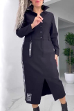 Formal Turndown Collar Long Sleeve Slit Pocket Buttons Office Lady Maxi Dresses