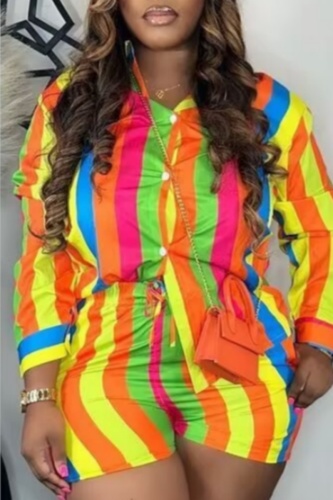 Casual Striped Print Shirt Collar Long Sleeve Blouse And Shorts Vacation Two Pieces Shorts Sets