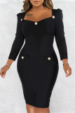 Formal Square Neck Long Sleeve Slit Office Lady Evening Party Bodycon Midi Dresses