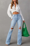 Casual High Waist Distressed Ripped Flare Leg Denim Jeans