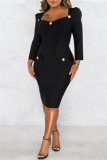 Formal Square Neck Long Sleeve Slit Office Lady Evening Party Bodycon Midi Dresses