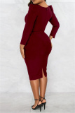 Formal Square Neck Long Sleeve Slit Office Lady Evening Party Bodycon Midi Dresses