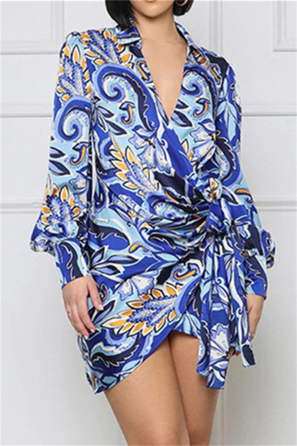 Casual Graphics Print V Neck Long Sleeve Side Knotted Belted Vacation Mini Shirt Dresses