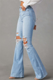 Casual High Waist Distressed Ripped Flare Leg Denim Jeans